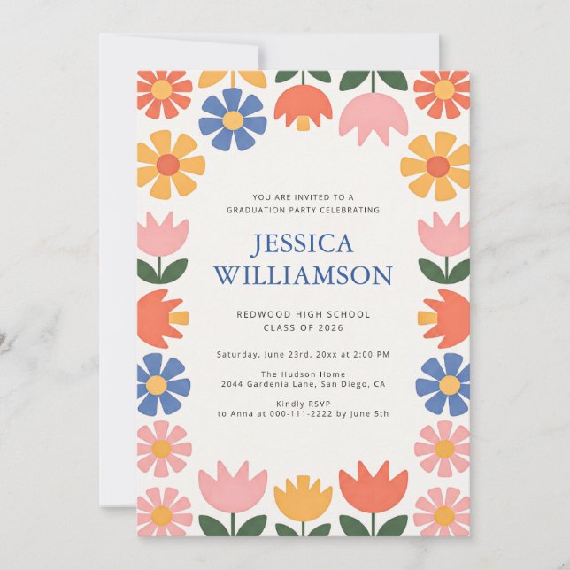 Simple Modern Retro Floral Graduation Party Invitation (Front)