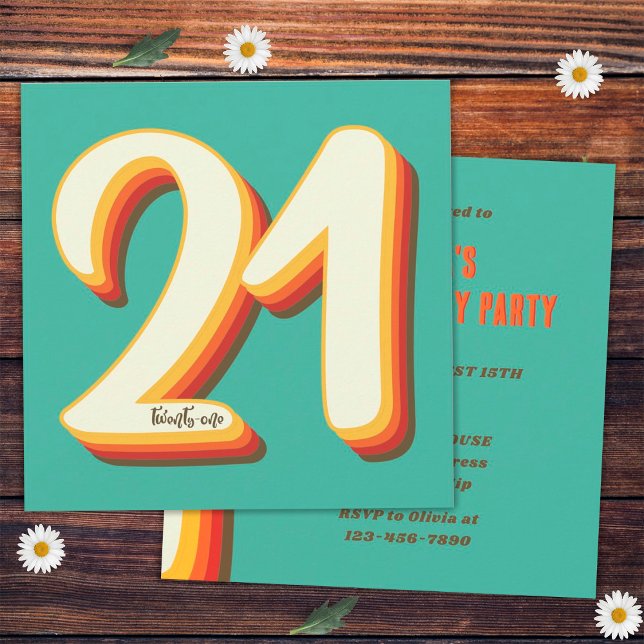 Simple Modern Retro Groovy 21st Birthday Invitation (Front and Back)
