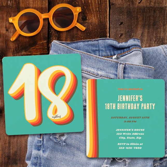Simple Modern Retro Groovy Eighteen 18th Birthday Invitation (Front and Back)
