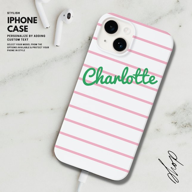 Simple Modern Retro Pink and Green Stripe Name Case-Mate iPhone Case (Creator Uploaded)