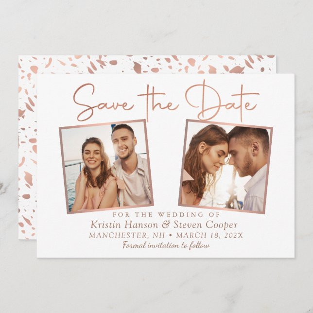 Simple Modern Rose Gold 2 Photo Save The Date Card (Front/Back)