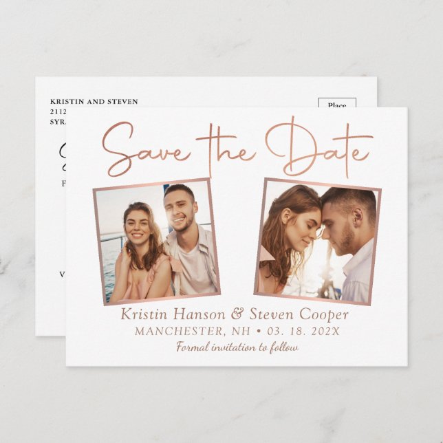 Simple Modern Rose Gold 2 Photo Save The Date Postcard (Front/Back)