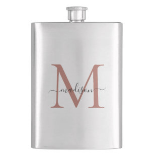 Simple Modern Rose Gold Monogram Girly Script Name Hip Flask