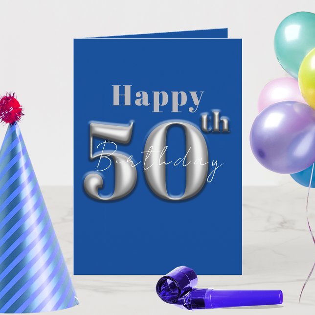 Simple Modern Royal Blue and Silver 50th Birthday Card (Creator Uploaded)