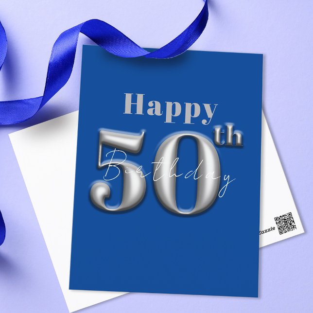 Simple Modern Royal Blue and Silver 50th Birthday Postcard (Creator Uploaded)