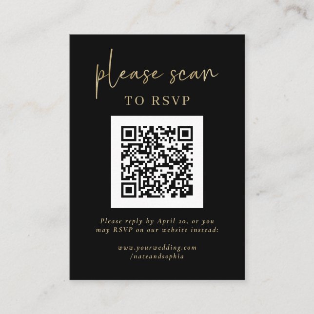 Simple Modern RSVP with QR Code | Gold and Black Enclosure Card (Front)