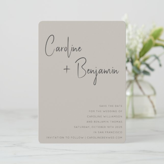 Simple Modern Rustic Boho Taupe Script Wedding Save The Date (Standing Front)