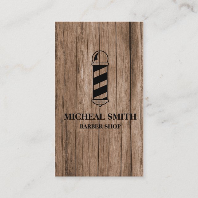 Simple Modern Rustic Wood Pole Barber Shop Business Card (Front)