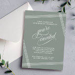 Simple Modern Sage Green 50th Birthday Party Invitation<br><div class="desc">Simple and elegant with contemporary flair, this Birthday Party Invitation features white angled lines framing your text over a trendy sage green background. The "you're invited" text in lovely script flourishes is intentionally featured prominently to make your invited guests feel special. Edit the party details with your specifics. Shown here...</div>