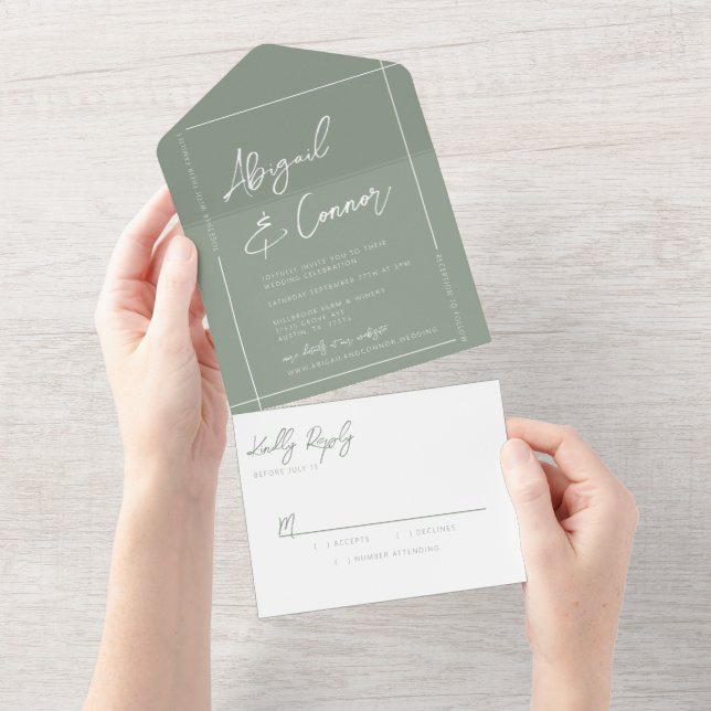 Simple Modern Sage Green Calligraphy All In One Invitation (Tearaway)
