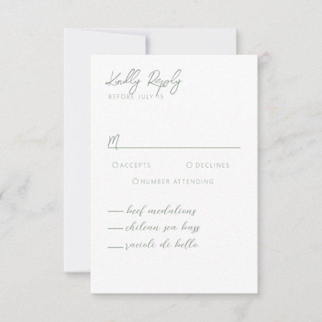 Simple Modern Sage Green Calligraphy RSVP Card (Front)