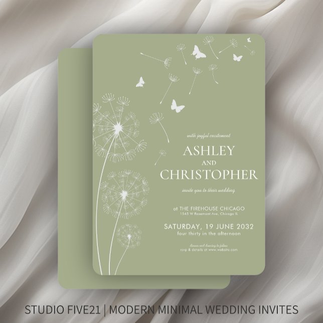 Simple Modern Sage Green Dandelion Wedding Invitation (Creator Uploaded)