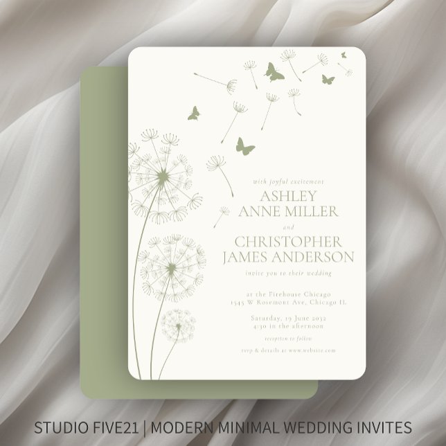 Simple Modern Sage Green Dandelion Wedding Invitation (Creator Uploaded)