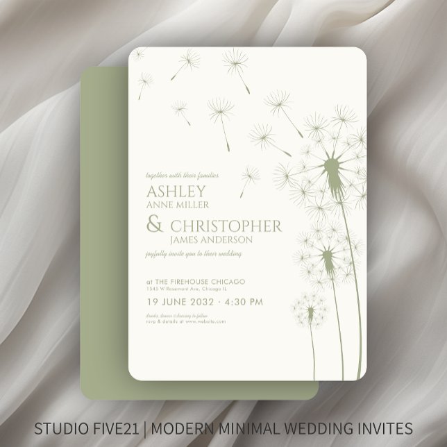 Simple Modern Sage Green Dandelion Wedding Invitation (Creator Uploaded)
