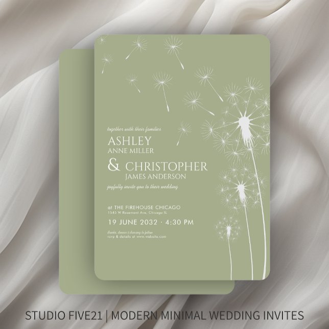 Simple Modern Sage Green Dandelion Wedding Invitation (Creator Uploaded)