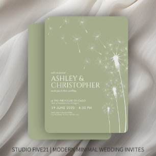 Simple Modern Sage Green Dandelion Wedding Invitation
