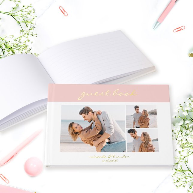 Simple Modern Salmon Pink Handwritten Script Photo Guest Book (Creator Uploaded)