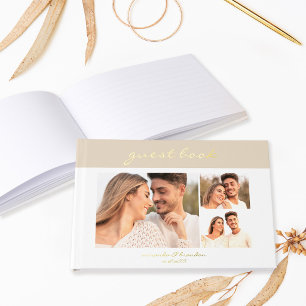 Simple Modern Sand Beige Handwritten Script Photo Guest Book