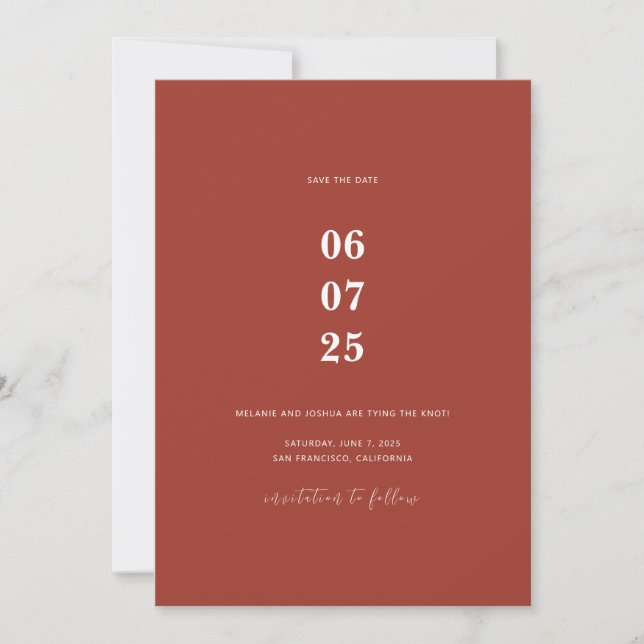 Simple Modern Save the Date Card | Terracotta (Front)
