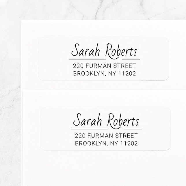 Simple Modern Script 03. Custom Return Address Label (Modern hand lettered script basic return address label template with fine line in black and white.)