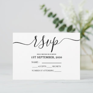 Simple Modern Script Black And White RSVP Card