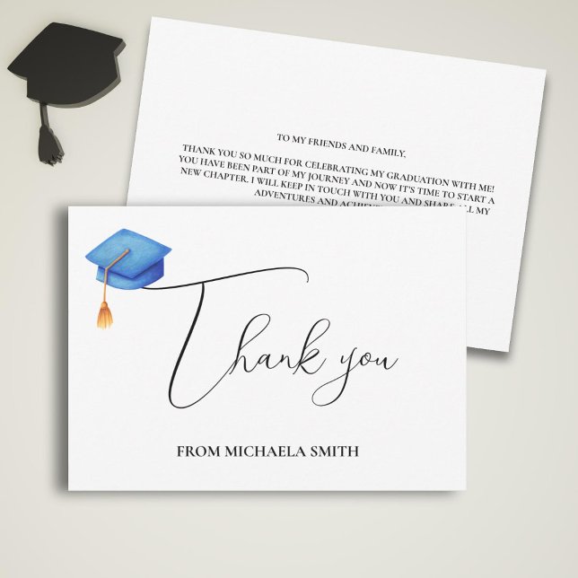 Simple Modern Script Blue Graduation Cap Thank You Card (Creator Uploaded)