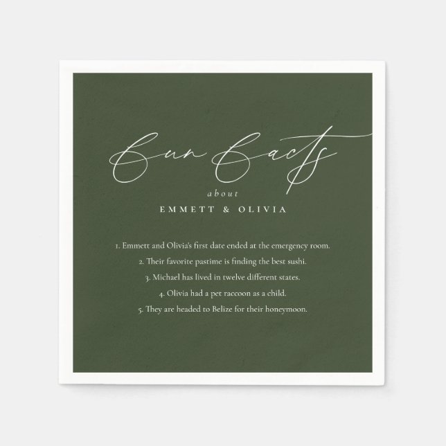 Simple Modern Script Calligraphy Fun Facts Wedding Napkin (Front)