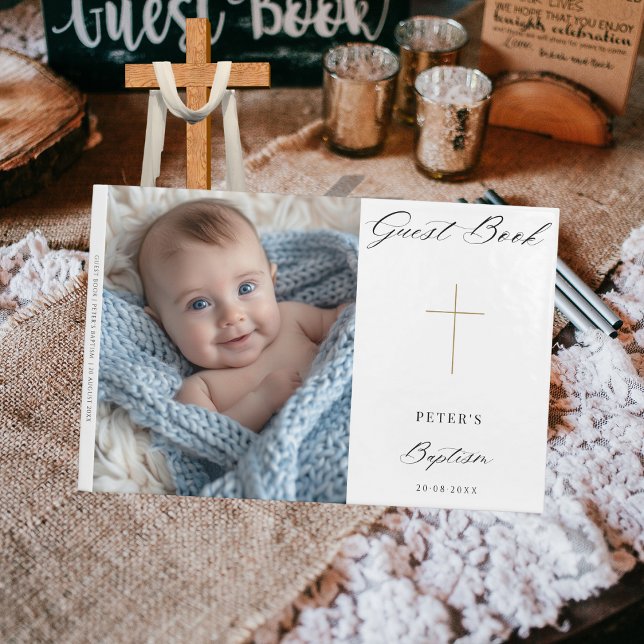 Simple Modern Script Cross Gold Baptism  Photo Guest Book (Creator Uploaded)