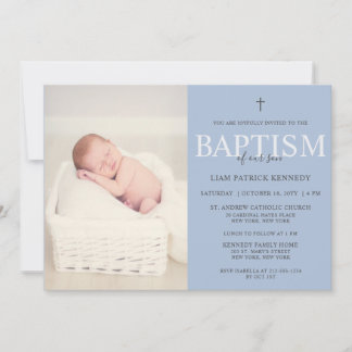 Simple Modern Script Dusty Blue Baptism for Boys Invitation