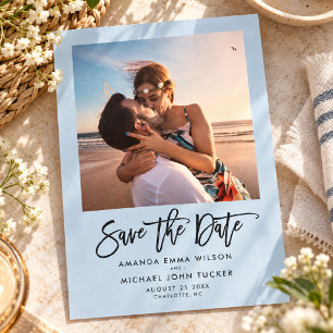 Simple Modern Script Dusty Blue Chic Photo Save The Date