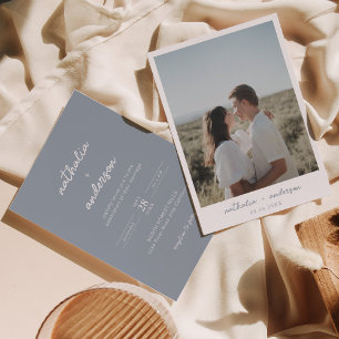 Simple Modern Script Dusty Blue Photo Wedding Invitation