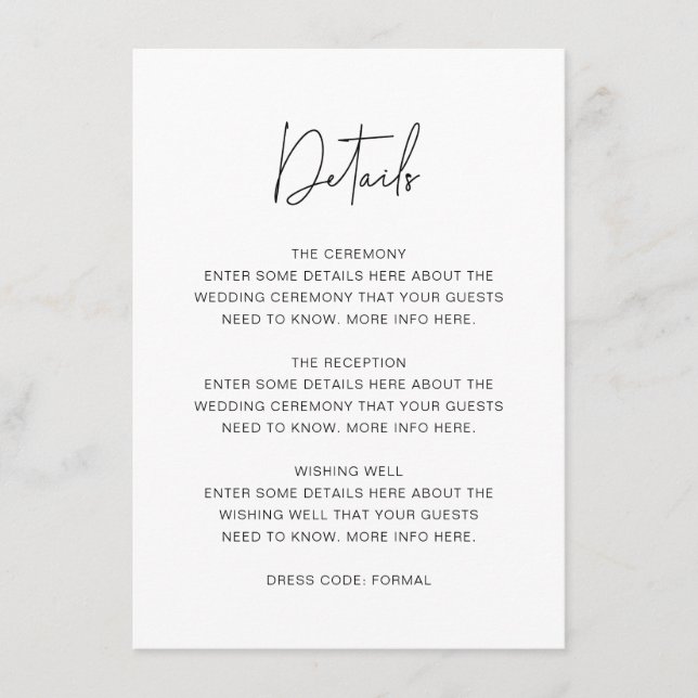 Simple Modern Script Font Wedding Details Enclosure Card (Front)