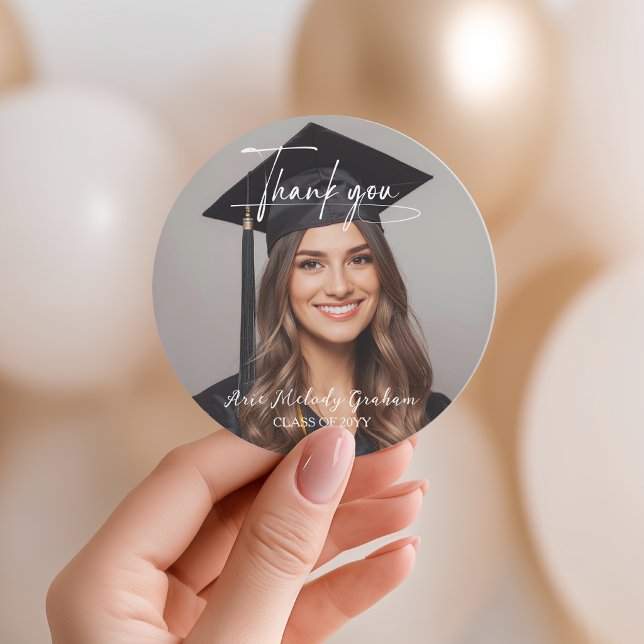 Simple Modern Script Graduation Thank You Classic Round Sticker (Creator Uploaded)