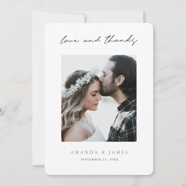 Simple Modern Script Love and Thanks Photo Wedding Thank You Card (Front)
