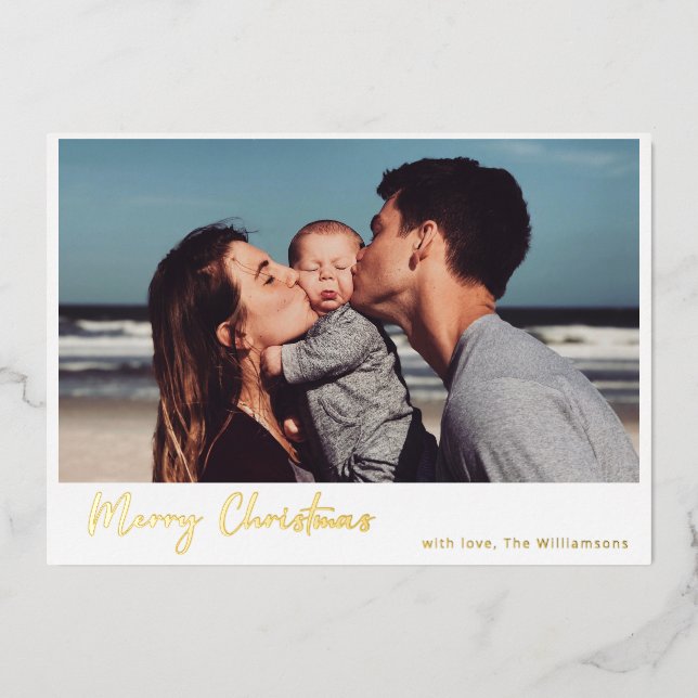 Simple Modern Script Merry Christmas Photo Gold Foil Holiday Card (Front)