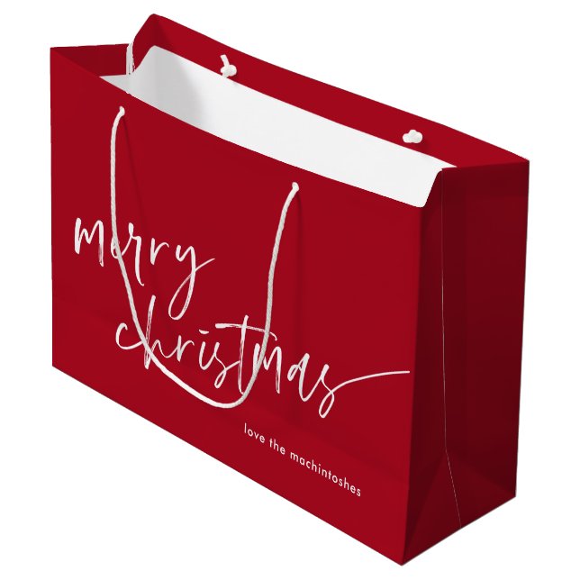 Simple Modern Script Merry Christmas Red Large Gift Bag (Front Angled)