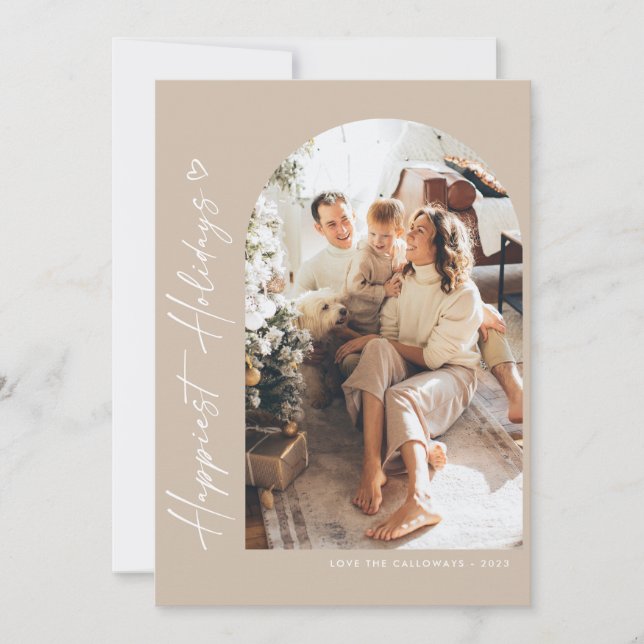 Simple Modern Script Minimalist Arch Photo Holiday Card (Front)