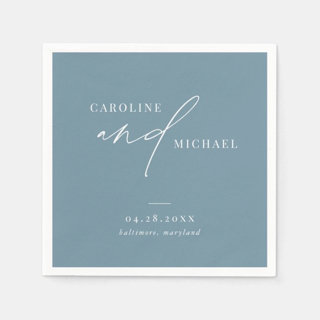 Simple Modern Script Names Blue Wedding Napkin (Front)