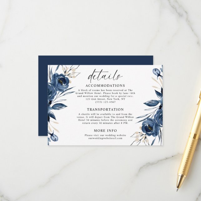 Simple Modern Script Navy Blue Wedding Details Enclosure Card (Front/Back In Situ)