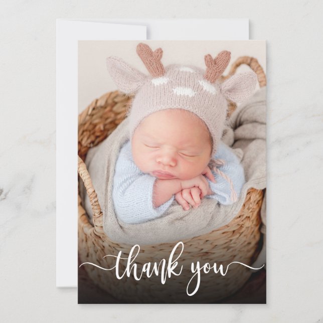 Simple Modern Script Newborn Baby Photo Thank You Card (Front)