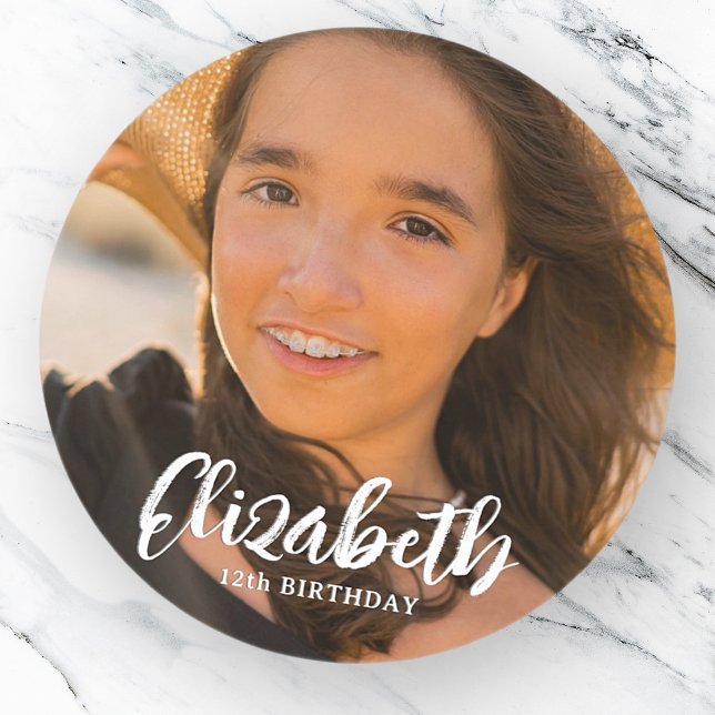 Simple Modern Script Photo Birthday Greeting Classic Round Sticker (Creator Uploaded)