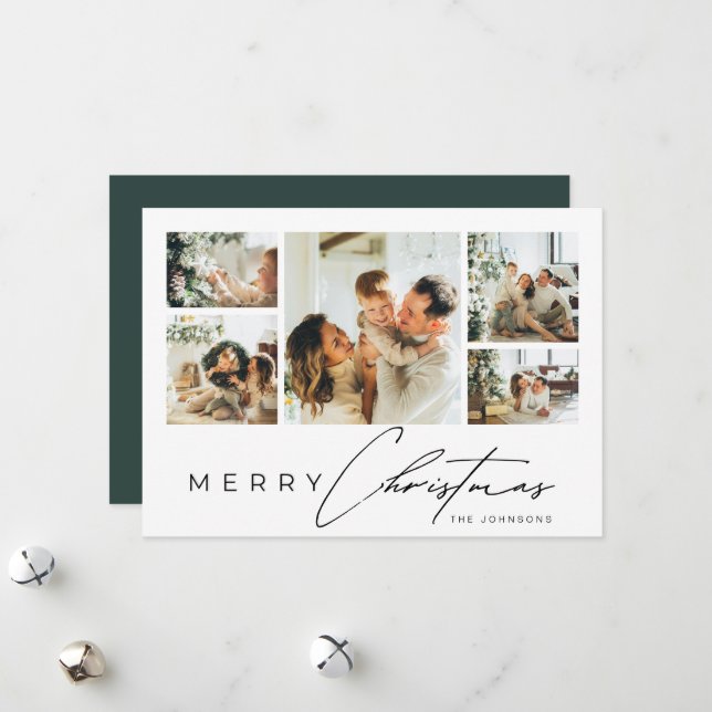 Simple Modern Script Photo Collage Green Christmas Holiday Card (Front/Back In Situ)