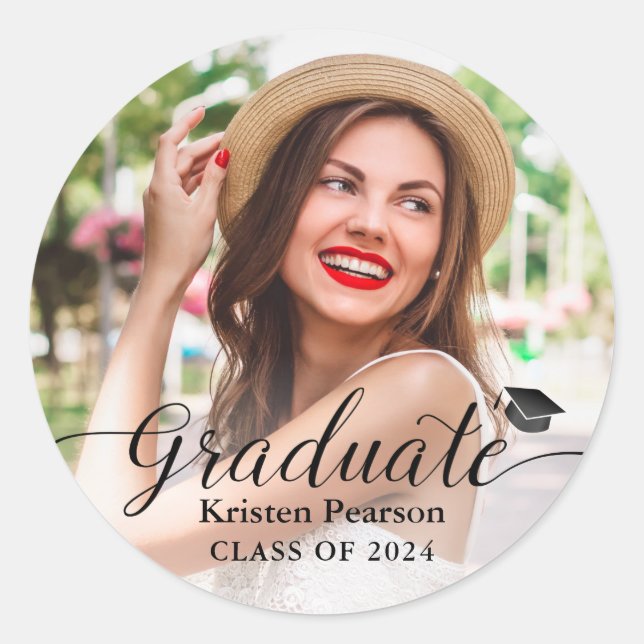 Simple Modern Script Photo Graduation Classic Round Sticker (Front)