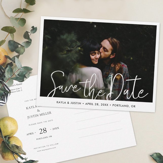 Simple Modern Script Photo Save the Date Wedding  Invitation Postcard (Creator Uploaded)