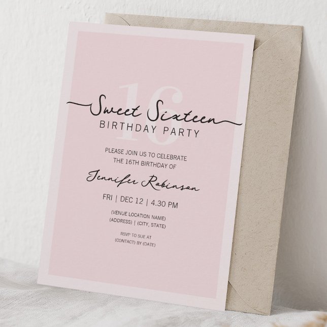 Simple Modern Script Sweet 16 Sixteen Blush Pink Invitation (Simple Modern Script Sweet 16 Sixteen Blush Pink Invitation)