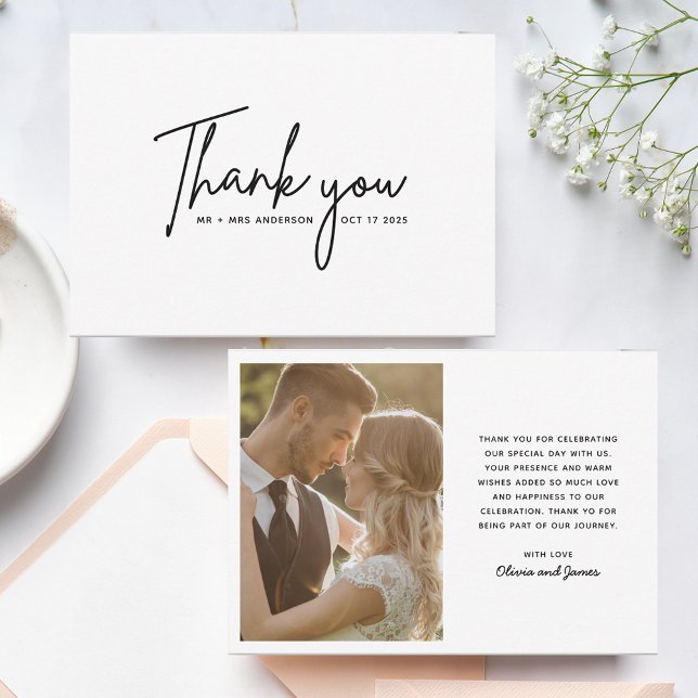 Simple Modern Script Thank You Wedding Photo Card (Creator Uploaded)