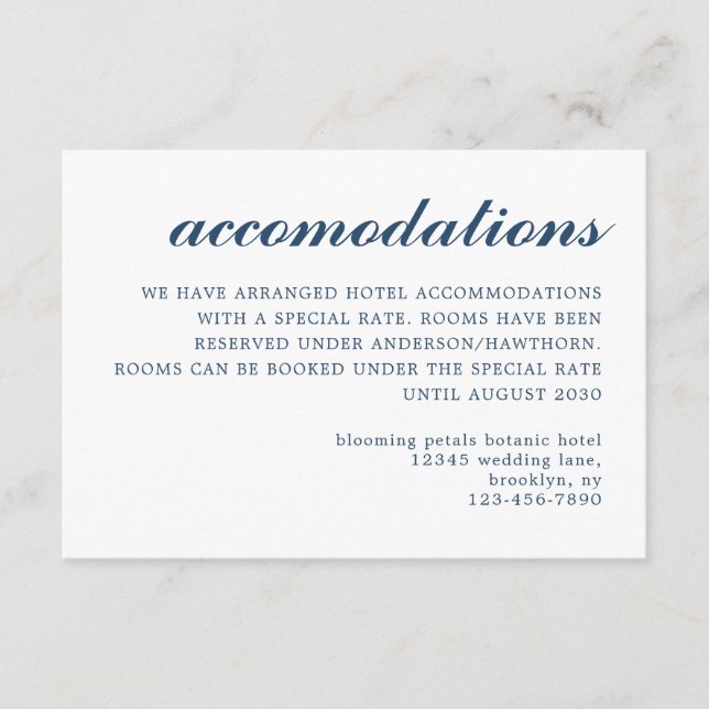 Simple Modern Script Wedding Accommodation Blue Enclosure Card (Front)