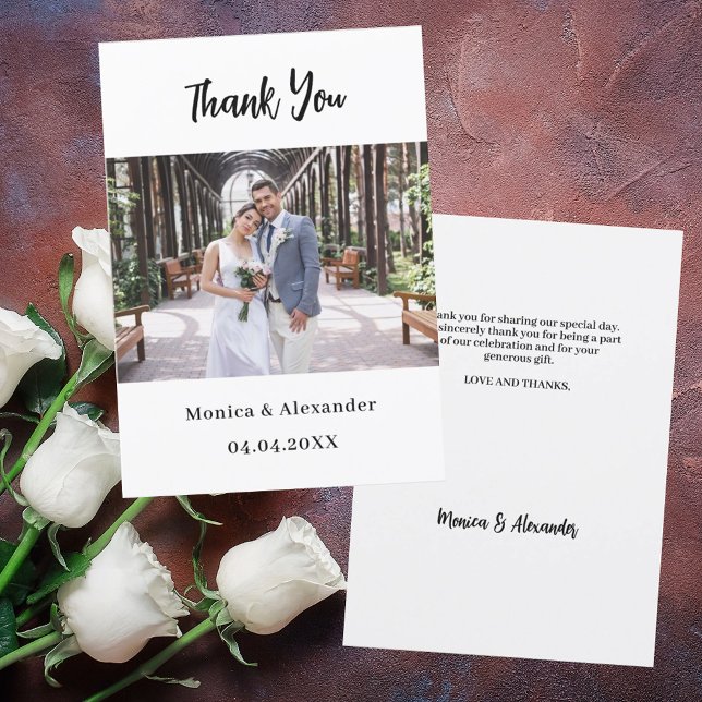 Simple modern script wedding photo thank you card (Creator Uploaded)