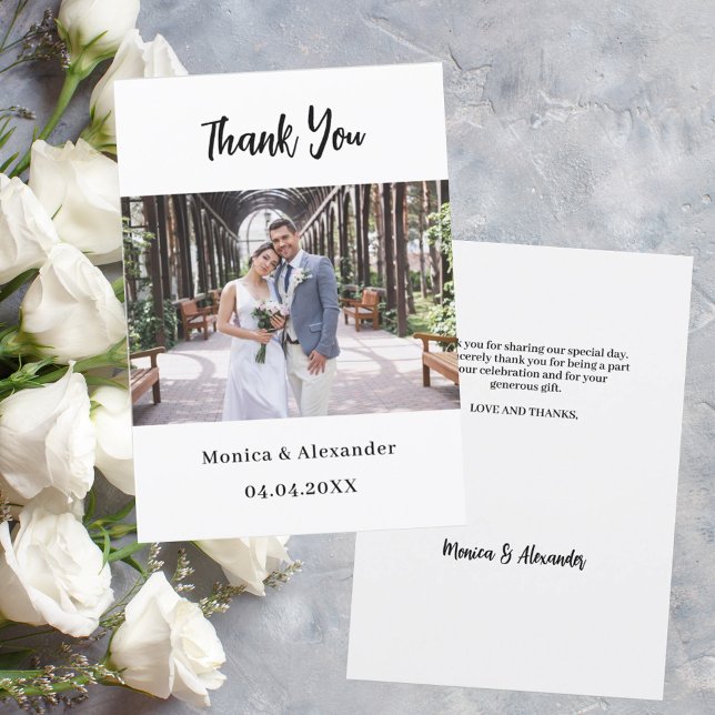 Simple modern script wedding photo thank you card (Creator Uploaded)