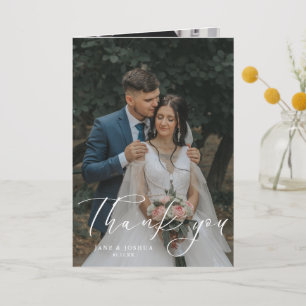 Simple Modern Script Wedding Photo W Note Thank You Card